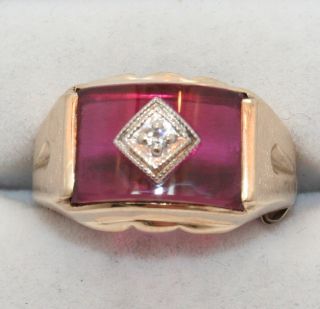 Mens 10K Gold Red Clear Top w Diamond Center Ring Size 9