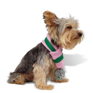 Designer Dog Clothes Stinky G Pom Pom Pet Scarf Pink Green Stripe Cozy