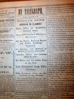  Headline Newspapers w Great Chicago Fire Long Detailed Reports