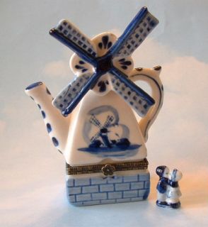 Handpainted Dutch Delft Blue Windmill Teapot Shape Porcelain Hinged
