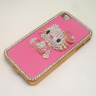 Pink Leather Bling Cute Kitty Crystal Hard Case Cover Skin for iPhone4