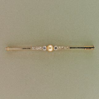  Top 15ct English Natural Pearl Old European Cut Diamond Bar Pin