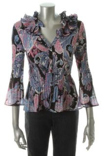 Sunny Leigh Multi Color Paisley Ruffled Pleated Button Down Blouse Top