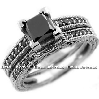 96ct Fancy Princess Black Diamond Ring Matching Engagement Set 14k