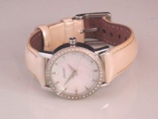 DKNY Donna Karan NY 8015 Leather Strap Crystal Mother of Pearl Womens