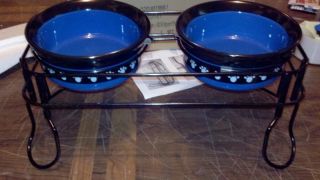 New Elevated Dog Feeder Double Dish Station with Blue Bowls 63607