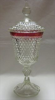 Diamond Point Ruby Red Flashed Pressed Glass Candy Jar