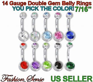 Double Jeweled Banana Barbells Belly Navel Ring Gem 14g