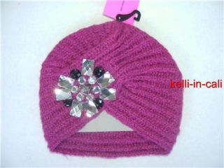 Betsey Johnson Turban Hat Knit Gloves Fuchsia Pink Sparkling Crystals