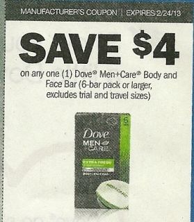 10 coupons 4 1 Dove Mens Care Body Face Bar 6 pack or larger ets