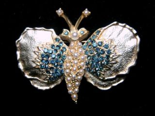 vintage dodds blue rhinestone pearl butterfly brooch