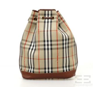 Burberrys Tan Nova Check & Brown Leather Drawstring Bucket Bag