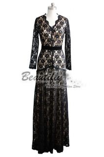 Sexy Elegant Formal Long Sleeves Black Lace Evening Gown Prom Ball