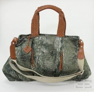Donald J Pliner Green Alligator Jacquard Tan Leather Handbag