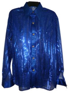 Men Disco DJ Band Sequin Cabaret Party Fancy Shirt Blue