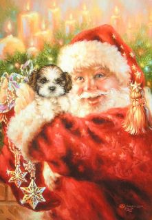Dona Gelsinger Santa Claus Puppy Dog Candles Stars Christmas Greeting