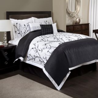 6pc Black White Tree Branch Embroidered Pintuck Comforter Set Cal King