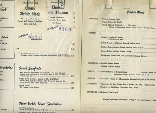 Dobbs House Dinner Menu 1950s Largest Airline Caterers