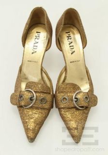 Prada Gold Metallic Brocade Buckle Toe DOrsay Kitten Heels