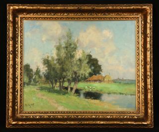 Colorful Dutch Oil Painting Impressionist Landscape by Listed Artist A