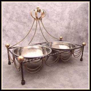 Wrought Iron Dog Cat Feeder Bowl Stand Regal Royal Gold Crown Top