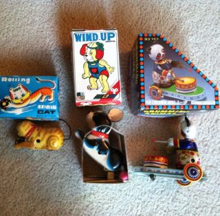 Vintage Wind Up Toys Drumming Panda, Jumping Dog, Rolling Cat