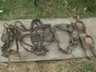 Lot of Antique Draft Horse Bridles and Blinkers Iron Bits