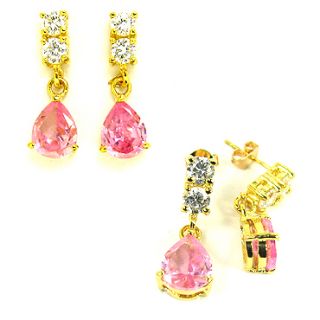  LADY PEAR CUT PINK SAPPHIRE YELLOW GOLD PLATED DROP STUD EARRING