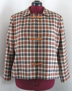 Doncaster Sz 16 Superb Leather Toggle Wool Flannel Check Front Pocket