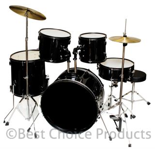Drum Set 5 PC Complete Adult Set Cymbals Full Size Black New Drum Set