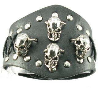 H554 Punk Steel 4 Skull Stud Gothic Black Leather Wristband Men Women