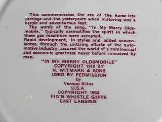  My Merry Oldsmobile Plate 1950 Pig N Whistle Gifts East Lansing
