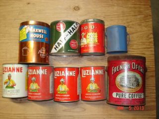 Nine Vintage Coffee Tobacco Baking Powder Cans Tins Canisters