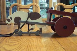  Wooden Primitive Pull Toy St Bernard Dog and Cart 16 Inches