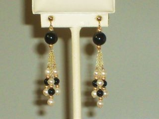 14k Solid Gold White Pearl Black Onyx Elegant Earrings