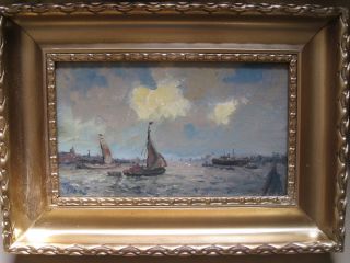 Antique Dutch Harbor Scene with Cargo Boats Listed Dutch Evert Moll