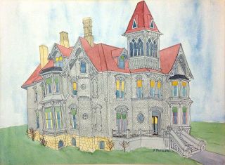 Paul Eaton Victorian House Watercolor Ink Painting American Signed