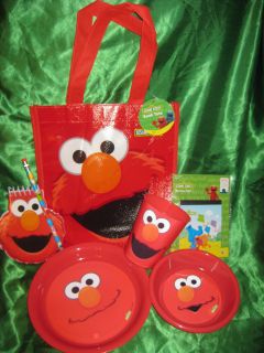Sesame Street Elmo Plate Bowl and Cup Set Plus Spiral Pencil Stickers
