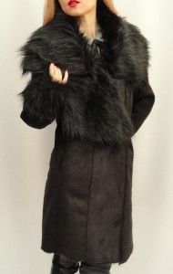 BN Edina Ronay Black Faux Leather Warm Coat with Large Collar UK12 US8