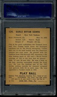  1940 Play Ball Gum #124 Earle Colonel Combs, Yankees HOF PSA 6 ex/mt