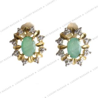 14k Yellow Gold Emerald and Diamond Stud Earrings