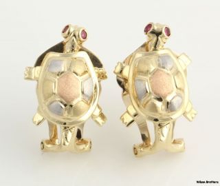 Moveable Tri Toned Turtle Earrings   14k Gold Syn Ruby French Backs