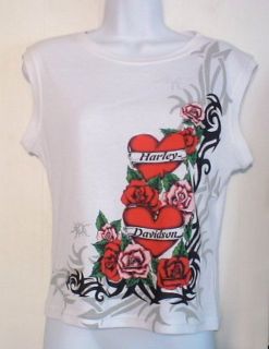 Harley Davidson White Sleeveless Roses Heart Tattoo Shirt Sz M Langley