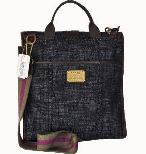 NWT FOSSIL CLASSIC EMORY DENIM & LEATHER NORTH/SOUTH FLAP BAG