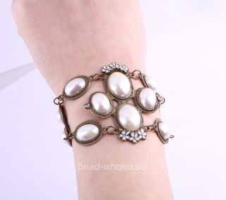 Antique Style Enamel Flower White Pearl Crystal Link Bracelet