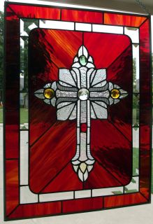 Elegant Stained Glass Cross Window Panel With Bevels and Jewels