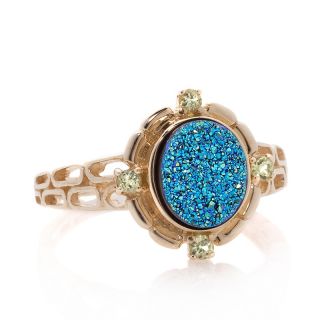 10K Yellow Gold Cassiopeia Sea Blue Drusy Peridot Ring at