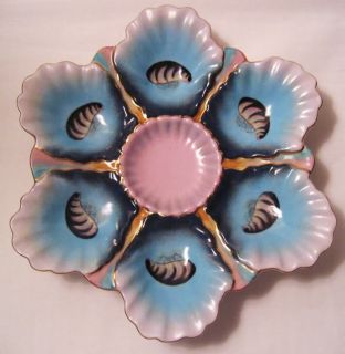 Blue Pink Star Shaped Porcelian Oyster Plate with Gold Trim Mint