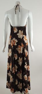 Vintage Estevez Sexy Brown Floral Print Jersey Halter Maxi Dress 6 70