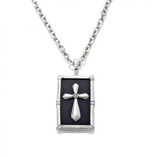  Onyx and Diamond Sterling Silver Cross Pendant with 20&